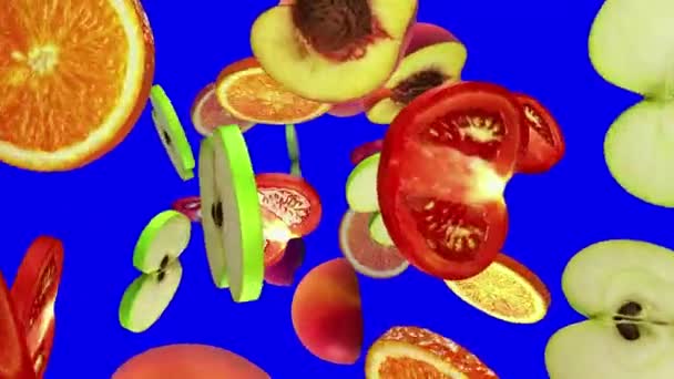 Rebanadas redondas de frutas caen desde la parte superior en la pantalla azul, bucle sin costuras, CG — Vídeos de Stock