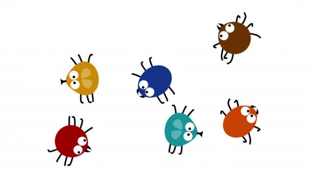 Insectes colorés drôles rampant sur blanc, bande dessinée animée 2d, boucle transparente — Video