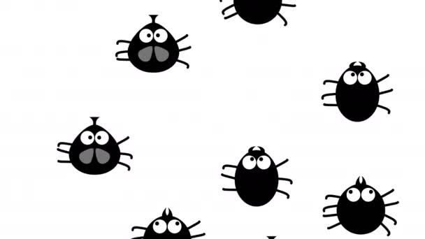 Funny black insects creep up on white, 2d animated cartoon, seamless loop — Stock Video