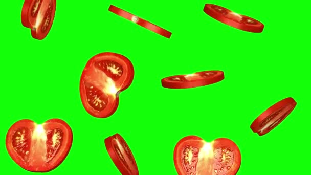 Round slices of tomato falling on green screen, seamless loop, CG — Stock Video