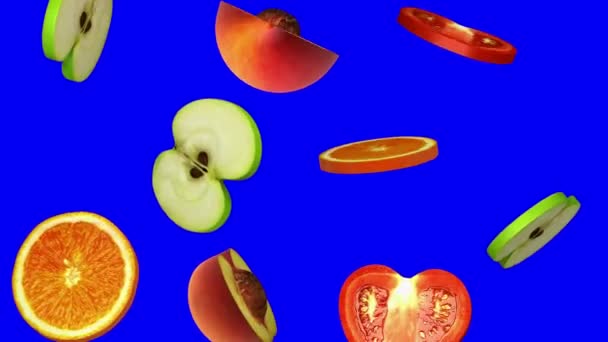 Tranches rondes de fruits tombant sur écran bleu, boucle sans couture, CG 