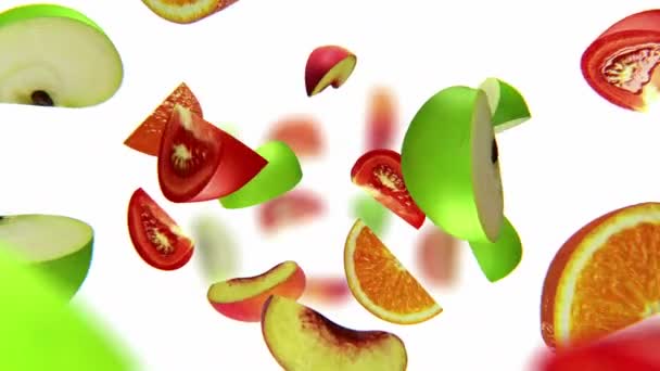 Lóbulos de frutas caem de cima no fundo branco, loop sem costura, CG — Vídeo de Stock