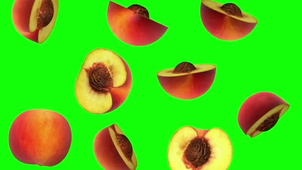 Halves of peach falling on green screen, seamless loop, CG — Stock Video