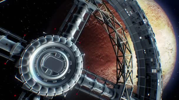 Spaceship flies into the door of giant space torus on Pluto background — Stock Video