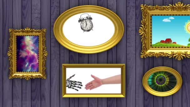 Galería de fotos, animación 3d sobre fondo de madera púrpura — Vídeo de stock