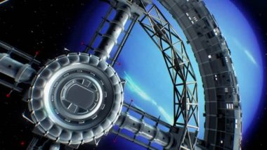Uzay gemisi dev uzay torus kapı Neptune arka üzerinde uçar.
