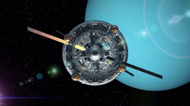 Vue de face du vaisseau spatial sur fond d'Uranus 