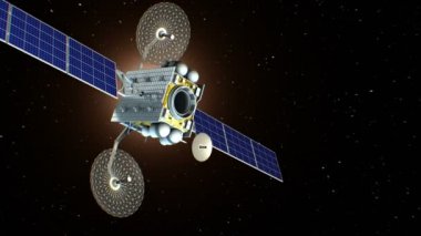 Hayali uzay uydu Mercury, 3d animasyon yaklaşıyor. Doku gezegen grafik editörü fotoğraf ve diğer görüntüleri olmadan oluşturuldu.