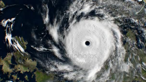 Cyclone en arrière-plan, satellite météo fictive survole, animation 3D. Toutes les textures ont été créées dans l'éditeur graphique sans photos et autres images . — Video