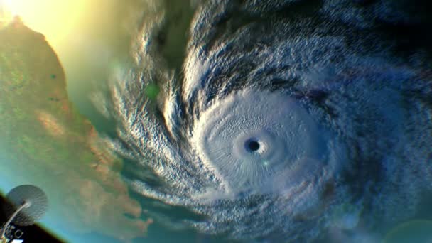 Τυφώνας στο παρασκήνιο, φανταστικό Μετεωρολογικός δορυφόρος πετά παρελθόν, 3d animation. Όλες οι υφές δημιουργήθηκαν σε επεξεργαστή γραφικών χωρίς φωτογραφίες και άλλες εικόνες. — Αρχείο Βίντεο