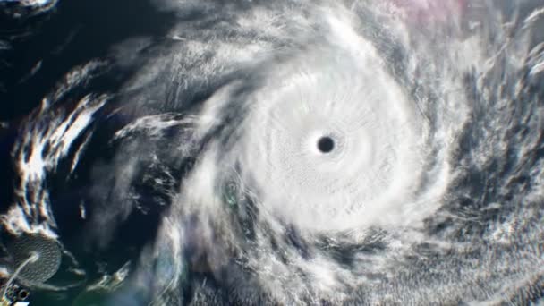 Великий тропічний циклон на фоні, вигаданий метеорологічний супутник пролітає повз, 3d анімація. Всі текстури були створені в графічному редакторі без фотографій та інших зображень . — стокове відео