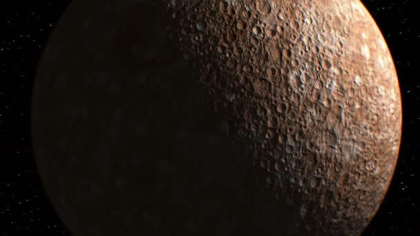 Mercurio en el fondo, satélite de observación ficticia pasa volando, animación 3d. Textura del Planeta fue creado en el editor gráfico sin fotos y otras imágenes . — Vídeo de stock