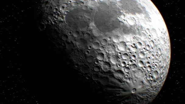 Kuu taustalla, kuvitteellinen havainto satelliitti lentää ohi, 3d animaatio. Tekstuuri Moon luotiin graafinen editori ilman kuvia ja muita kuvia . — kuvapankkivideo