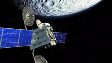 Ay yörüngede, 3d animasyon kurgusal yapay uydu. Ay doku grafik düzenleyicide oluşturuldu.
