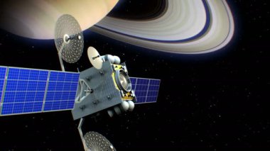 Satürn Orbit, 3d animasyon kurgusal yapay uydu. Doku gezegen grafik düzenleyicide oluşturuldu.