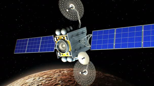 Arme laser spatiale. Mercure en arrière-plan, satellite militaire fictif sur orbite de la planète tire à partir d'un pistolet de science-fiction, animation 3D. Texture de la planète a été créé dans l'éditeur graphique .