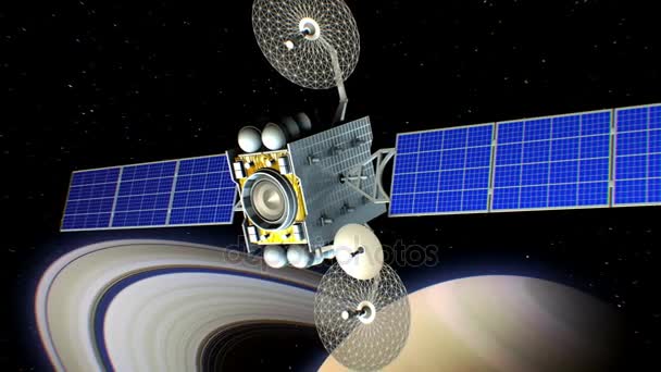 Arme laser spatiale. Saturne en arrière-plan, satellite militaire fictif sur orbite de la planète tire à partir d'un pistolet de science-fiction, animation 3D. Texture de la planète a été créé dans l'éditeur graphique .