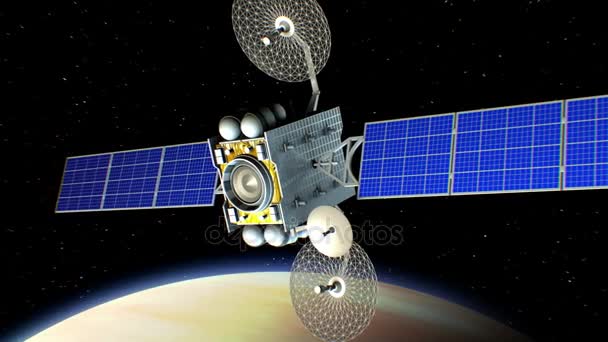 宇宙レーザー兵器。背景に金星、惑星の軌道上の架空の軍事衛星は、サイファイの銃は、3 d アニメーションから撮影します。惑星のテクスチャは、グラフィック エディターで作成されました。. — ストック動画