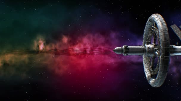 Side view of a giant sci-fi interplanetary spaceship flying on abstract space nebula background, 3d animation — Stock Video