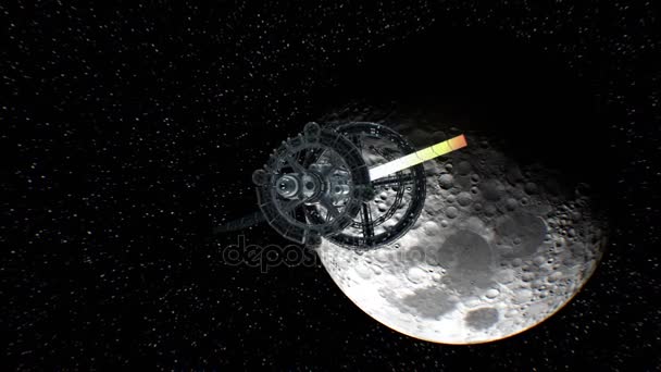 Retour de Lune. Grand vaisseau spatial revient du voyage spatial, animation 3D. Texture de la Lune a été créé dans l'éditeur graphique sans photos et autres images .