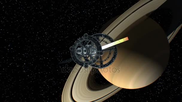 Return from Saturn. Great spaceship returns from a big space journey, 3d animation. Texture of the planet was created in the graphic editor without photos and other images. — Stock Video