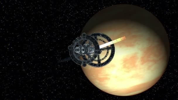 金星から返します。大きな宇宙の旅、3 d アニメーションから素晴らしい宇宙船を返します。惑星のテクスチャは写真や他の画像なしグラフィック エディターで作成されました。. — ストック動画
