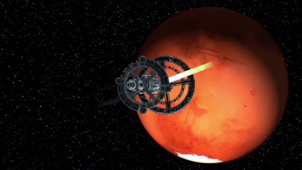 Rückkehr vom Mars. tolles Raumschiff kehrt von einer großen Raumfahrt zurück, 3D-Animation. Textur des Planeten wurde im Grafikeditor ohne Fotos und andere Bilder erstellt. — Stockvideo