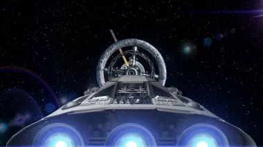 Uzay Uzay İstasyonu kapıya yıldız, 3d animasyon arka plan üzerinde uçan pulsate motorları ile.