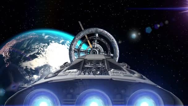 Kosmická loď plující do vesmírné stanice dveře na pozadí zemi, 3d animace. Textur země byl vytvořen v grafickém editoru bez fotografie. Město světla jsou podle Nasa. — Stock video