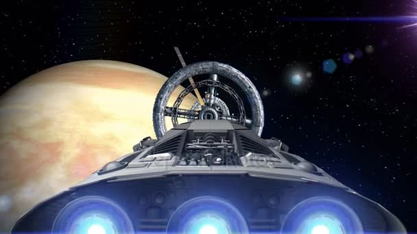 Kosmická loď s pulsate motory létání do vesmírné stanice dveře na pozadí Venuše, 3d animaci. Povrch planety byl vytvořen v grafickém editoru bez fotografií a jiných obrázků. — Stock video