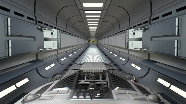 Tela verde no fundo. Nave espacial voa para fora do túnel de ficção científica, animação 3D — Vídeo de Stock