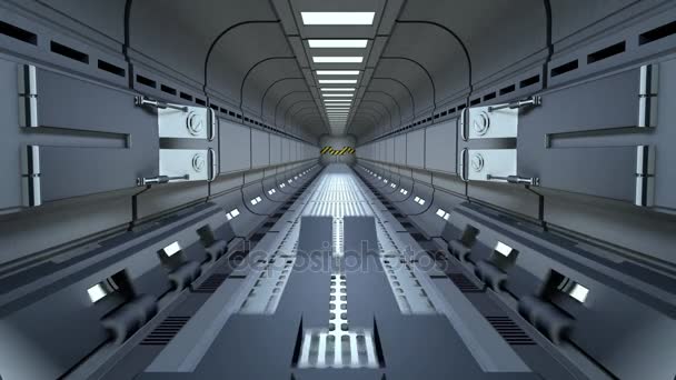 Sterne auf dem Hintergrund. Kamera fliegt aus dem Tunnel und fliegt in eine Raumstationstür, grüne Leinwand, 3D-Animation. — Stockvideo
