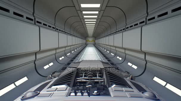 Du mercure en toile de fond. Des engins spatiaux sortent du tunnel. Vaisseau spatial entrant dans une porte de la station spatiale, animation 3D. Texture de la planète a été créé dans l'éditeur graphique sans photos et autres images . — Video