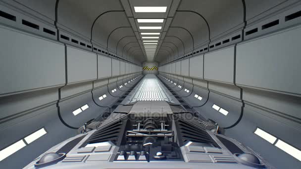 Sterrenhemel in de achtergrond. Ruimtevaartuig vliegt uit de tunnel. Ruimtevaartuig vliegen in een ruimtestation deur, 3d animatie — Stockvideo