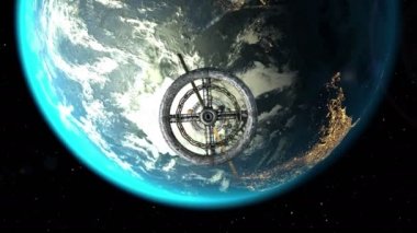 Uzay İstasyonu sinek. Toprak ve güneş arka plan, 3d animasyon, yeşil ekran. Dünya'nın doku grafik editörü fotoğrafları olmadan oluşturuldu. Şehir ışıkları Nasa tarafından döşenmiş desen.