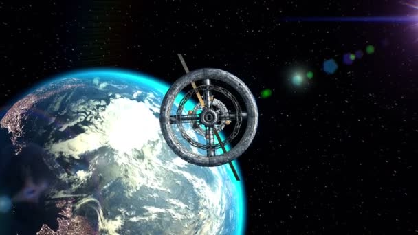 Jorden på bakgrunden. Flyg genom grindarna av sci-fi rymdstationen, grön skärm, 3d-animering. Konsistens av jorden skapades i grafisk editor. Mönstret av stadens ljus inredda av Nasa. — Stockvideo