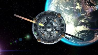 Uçuş dünya, yeşil ekran, 3d arka plan üzerinde bilim-kurgu uzay gemisi kapıdan. Dünya'nın doku grafik editörü fotoğrafları olmadan oluşturuldu. Şehir ışıkları Nasa tarafından döşenmiş desen.