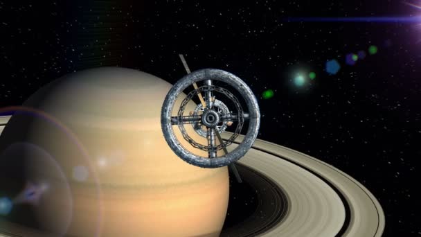 Saturno no fundo. Voe pelos portões da estação espacial sci-fi, tela verde, animação 3D. Textura do Planeta foi criada no editor gráfico sem fotos e outras imagens . — Vídeo de Stock