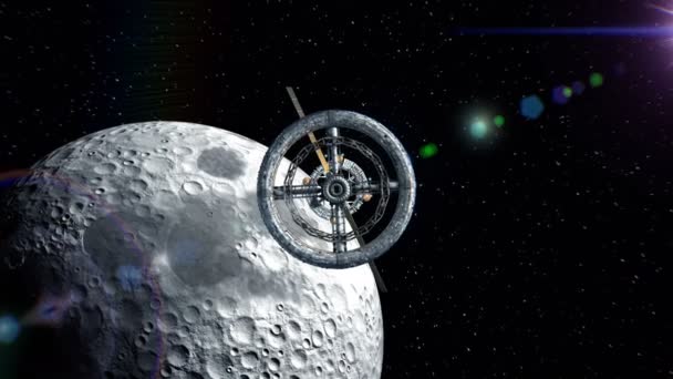 背景に月します。サイファイの宇宙ステーション、グリーン スクリーン、3 d アニメーションの門を通って飛行。月のテクスチャは写真や他の画像なしグラフィック エディターで作成されました。. — ストック動画