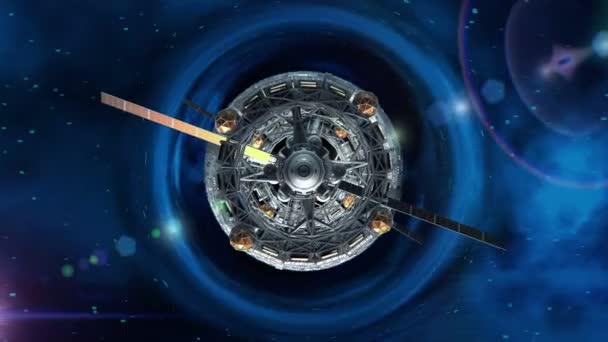 Vlucht door de deur van de sci-fi ruimteschip op achtergrond van space warp, groen scherm, 3d animatie — Stockvideo