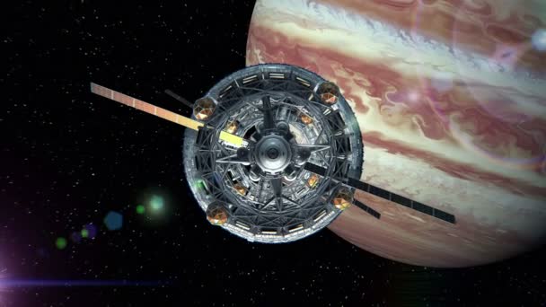 Vuelo a través de la puerta de la nave espacial de ciencia ficción en el fondo de Júpiter, pantalla verde, animación 3d. Textura del planeta fue creado en el editor gráfico sin fotos y otras imágenes . — Vídeos de Stock