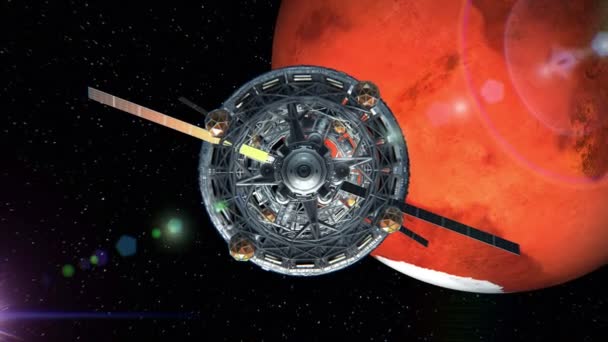 Πτήση μέσα από την πόρτα του sci-fi διαστημόπλοιο στο φόντο του Άρη, πράσινη οθόνη, 3d animation. Υφή του πλανήτη δημιουργήθηκε σε επεξεργαστή γραφικών χωρίς φωτογραφίες και άλλες εικόνες. — Αρχείο Βίντεο