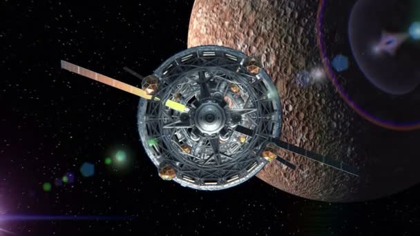水銀、グリーン スクリーン、3 d アニメーションの背景のサイエンス フィクションの宇宙船のドアを通って飛行。惑星のテクスチャは写真や他の画像なしグラフィック エディターで作成されました。. — ストック動画