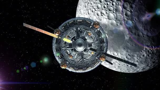 Letu do dveří sci-fi kosmické lodi na pozadí měsíc, zelená obrazovka, 3d animace. Povrch měsíce byl vytvořen v grafickém editoru bez fotografií a jiných obrázků. — Stock video