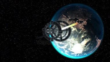 Dünya'dan kalkış. Büyük uzay gemisi 3d animasyon bir büyük uzay yolculuğa çıkar. Doku dünya grafik editörü fotoğrafları olmadan oluşturuldu. Şehir ışıkları Nasa tarafından döşenmiş desen.