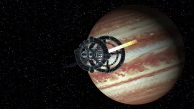 Jüpiter döndürür. Büyük uzay gemisi bir büyük uzay yolculuk, 3d animasyon döndürür. Doku gezegen grafik editörü fotoğraf ve diğer görüntüleri olmadan oluşturuldu.