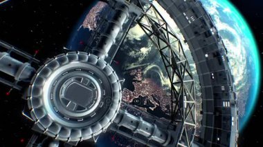 Toprak zemin üzerinde. Uzay gemisi dev uzay torus kapı sinek ve motorları ışıklarla, 3d titriyor. Dünya'nın doku grafik düzenleyicide oluşturuldu. Şehir ışıkları Nasa tarafından döşenmiş desen