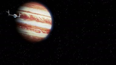 Hayali spaceplane'a seyahat Jüpiter'e verir. Uzay gemisi uzay turizmi için kavramı. 3D animasyon. Doku gezegen grafik editörü fotoğraf ve diğer görüntüleri olmadan oluşturuldu.