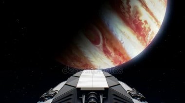 Hedef Jüpiter. Dev uzay gemisi gezegene, yanıp sönen, 3d animasyon motorları uçar. Doku gezegen grafik editörü fotoğraf ve diğer görüntüleri olmadan oluşturuldu.