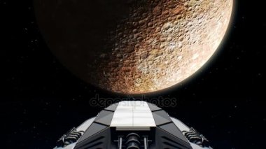 Hedef Mercury. Dev uzay gemisi gezegene, yanıp sönen, 3d animasyon motorları uçar. Doku gezegen grafik editörü fotoğraf ve diğer görüntüleri olmadan oluşturuldu.